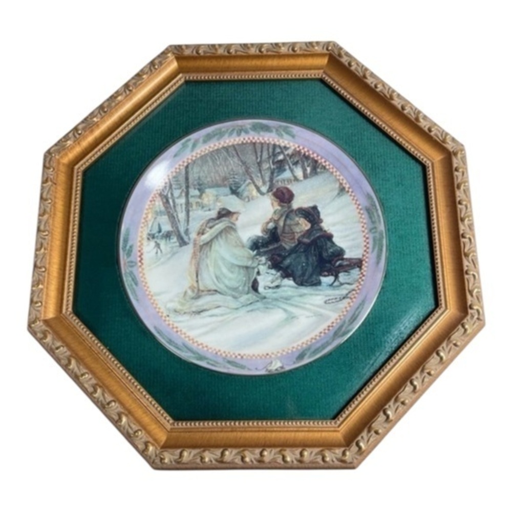 1997 Trisha Romance Evening Skaters Christmas Collector Plate Framed Wall Decor
